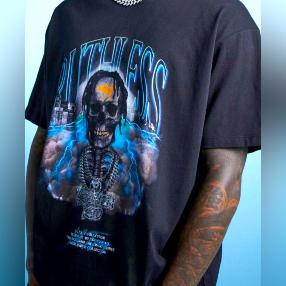 boohooMan x LilTjay 'Trench kid' Men's 'Ruthless' skull black shirt NWT Size L